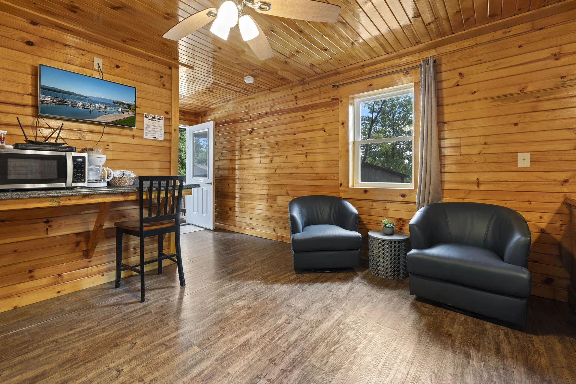 cabin amenities and sitting area